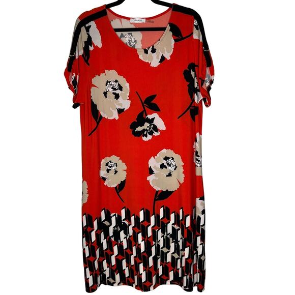 Calvin Klein Red Floral and Geometric Print Shift Midi Dress Size XL Women's - Picture 1 of 10